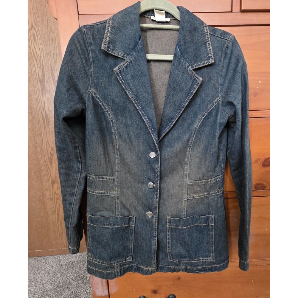 Angie Denim Blazer Medium Rust Tinted Single Button Long Collared Pockets